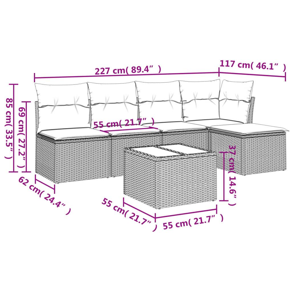 Set Divano da Giardino 6 pz con Cuscini-Sofa da Giardino-Divanetto da esterno Marrone in Polyrattan 758838