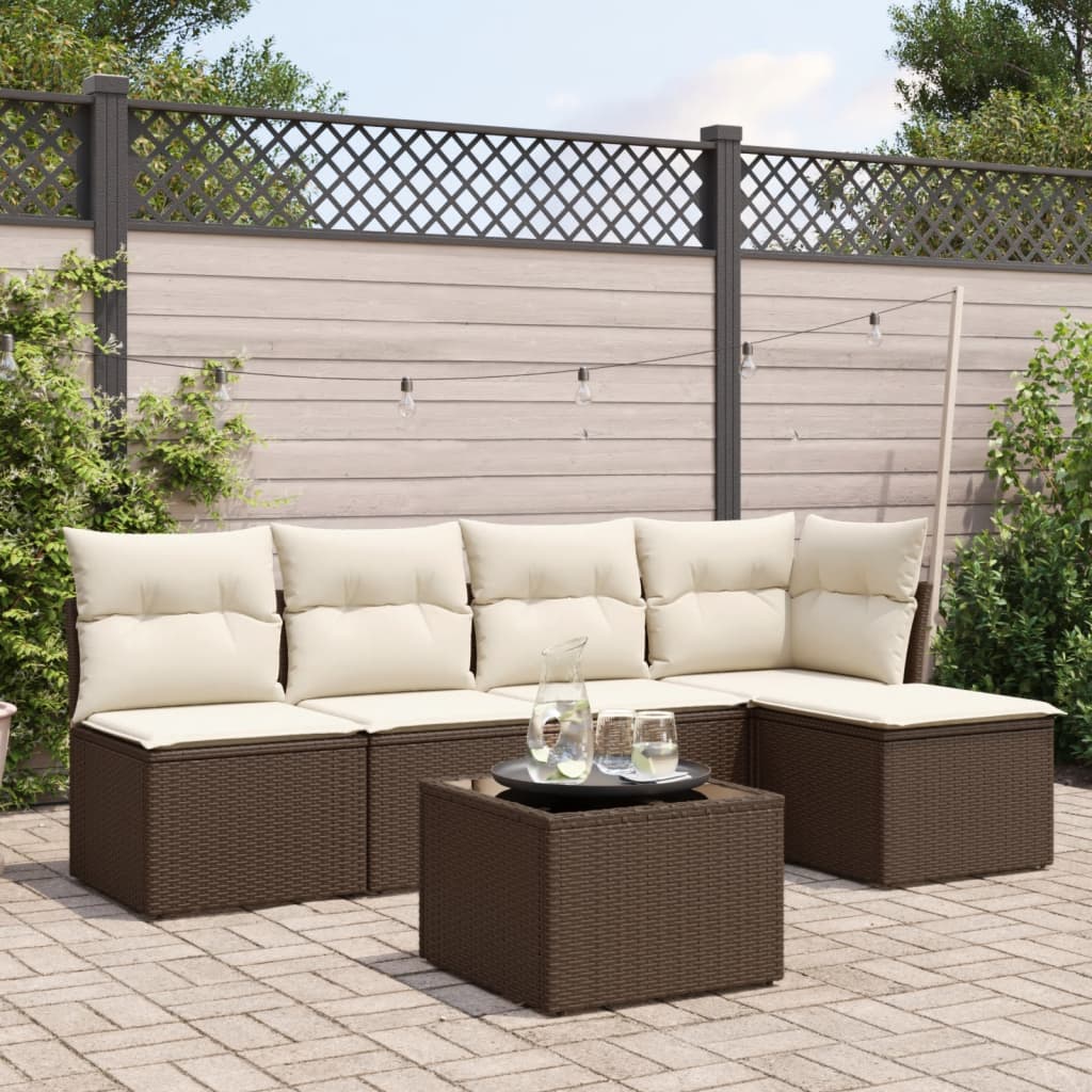 Set Divano da Giardino 6 pz con Cuscini-Sofa da Giardino-Divanetto da esterno Marrone in Polyrattan 758838