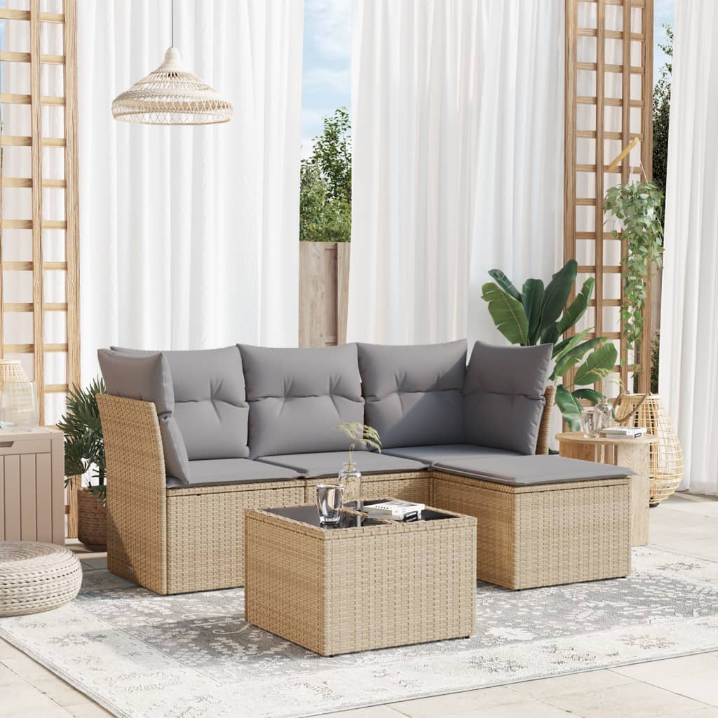 Set Divano da Giardino 5 pz con Cuscini-Sofa da Giardino-Divanetto da esterno Beige in Polyrattan 186988
