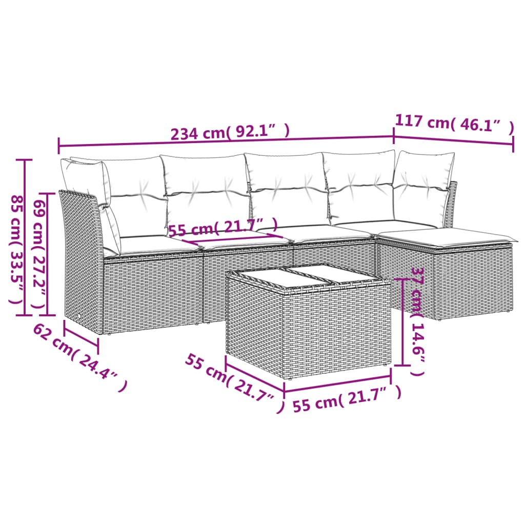 Set Divano da Giardino 6 pz con Cuscini-Sofa da Giardino-Divanetto da esterno Nero in Polyrattan 667137