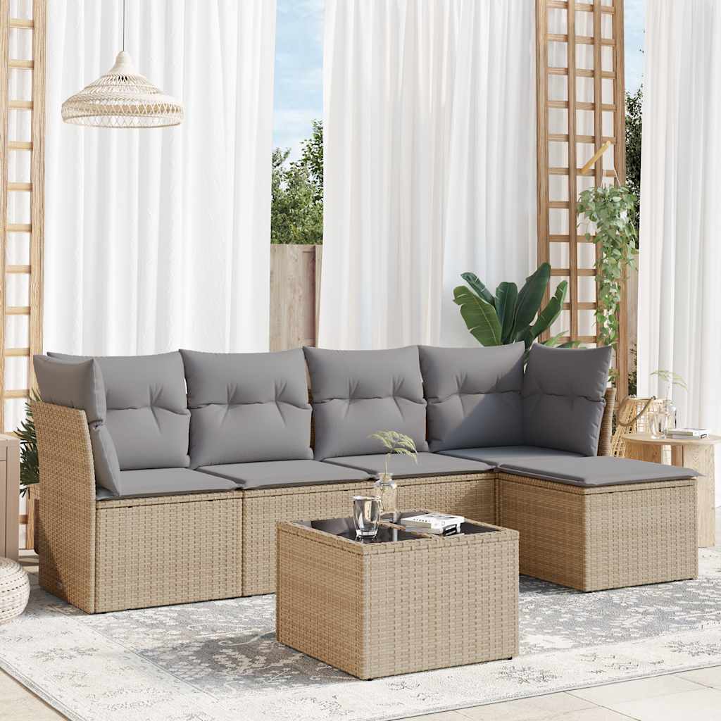 Set Divano da Giardino 6 pz con Cuscini-Sofa da Giardino-Divanetto da esterno Beige in Polyrattan 747285