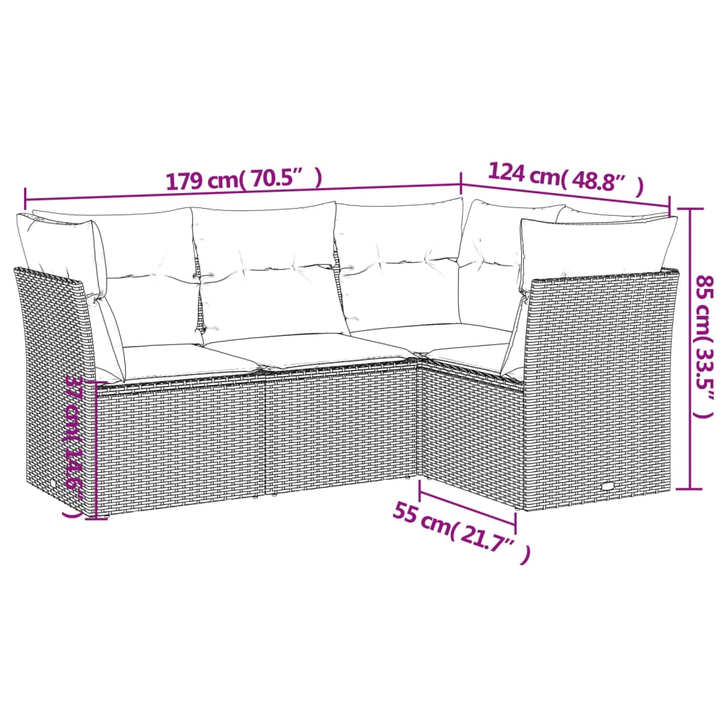 Set Divano da Giardino 4 pz con Cuscini Marrone in Polyrattan