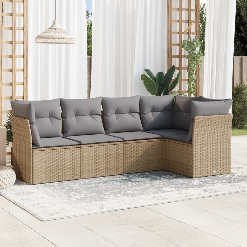 Set Divano da Giardino 5 pz con Cuscini-Sofa da Giardino-Divanetto da esterno Beige in Polyrattan 255080