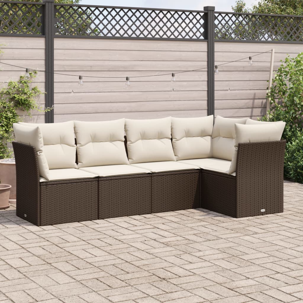 Set Divano da Giardino 5 pz con Cuscini-Sofa da Giardino-Divanetto da esterno Marrone in Polyrattan 991876