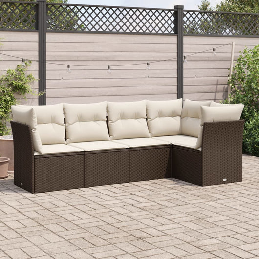 Set Divano da Giardino 5 pz con Cuscini-Sofa da Giardino-Divanetto da esterno Marrone in Polyrattan 991876