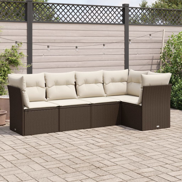 Set Divano da Giardino 5 pz con Cuscini-Sofa da Giardino-Divanetto da esterno Marrone in Polyrattan 991876