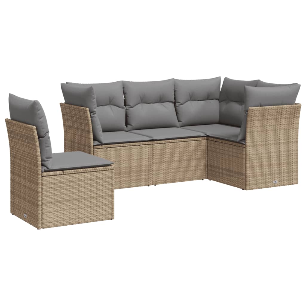 Set Divano da Giardino 5 pz con Cuscini Beige in Polyrattan