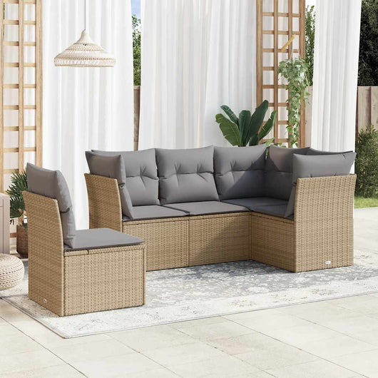 Set Divano da Giardino 5 pz con Cuscini-Sofa da Giardino-Divanetto da esterno Beige in Polyrattan 168059