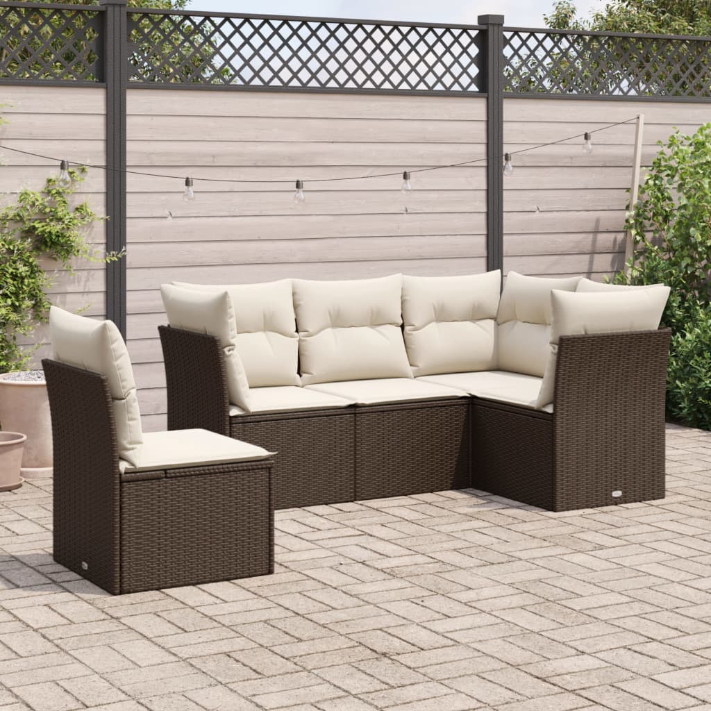 Set Divano da Giardino 5 pz con Cuscini-Sofa da Giardino-Divanetto da esterno Marrone in Polyrattan 149295