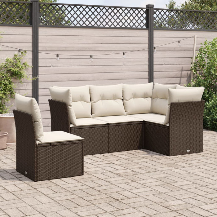 Set Divano da Giardino 5 pz con Cuscini-Sofa da Giardino-Divanetto da esterno Marrone in Polyrattan 149295
