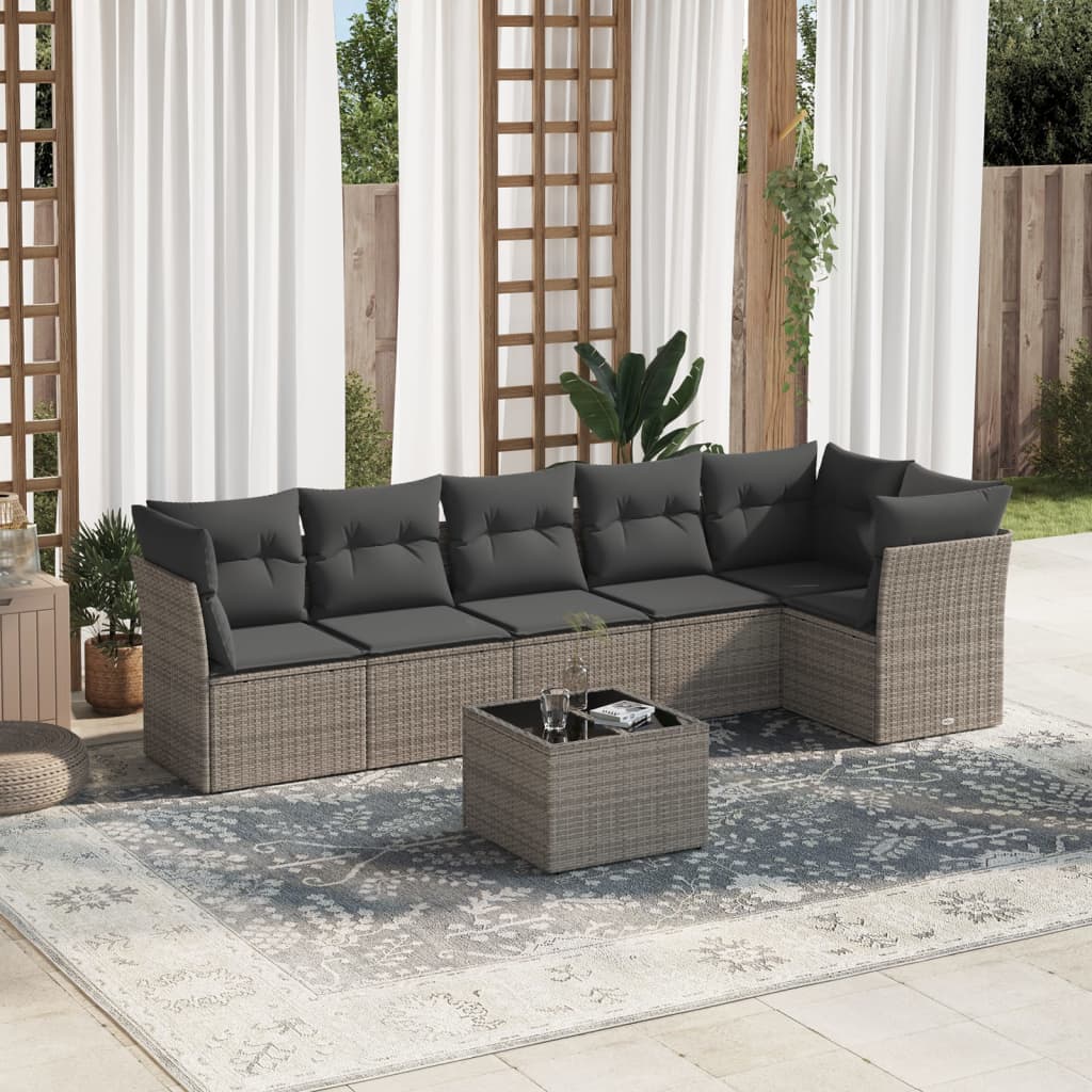 Set Divani da Giardino 7 pz con Cuscini Grigio in Polyrattan