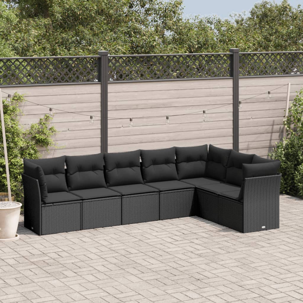 Set Divani da Giardino con Cuscini 7pz Nero Polyrattan