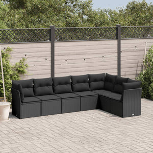 Set Divani da Giardino con Cuscini 7pz Nero Polyrattan