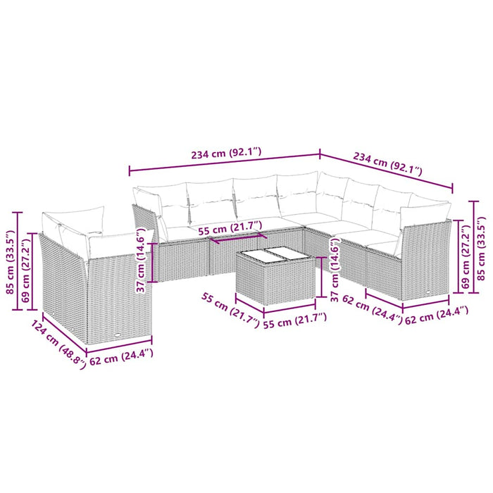 vidaXL Set Divano Giardino 10 pz con Cuscini Grigio Chiaro Polyrattan
