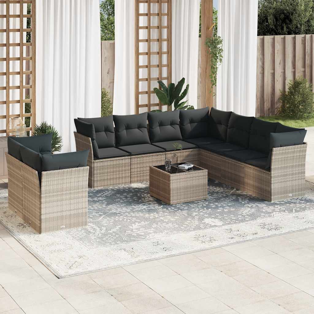 vidaXL Set Divano Giardino 10 pz con Cuscini Grigio Chiaro Polyrattan