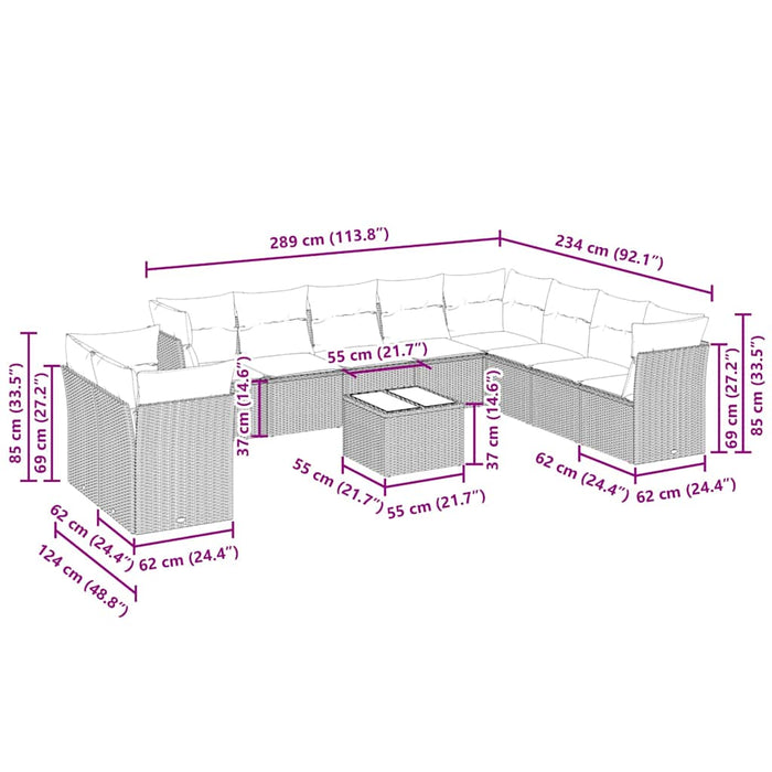 Set Divani da Giardino 11 pz con Cuscini in Polyrattan Grigio