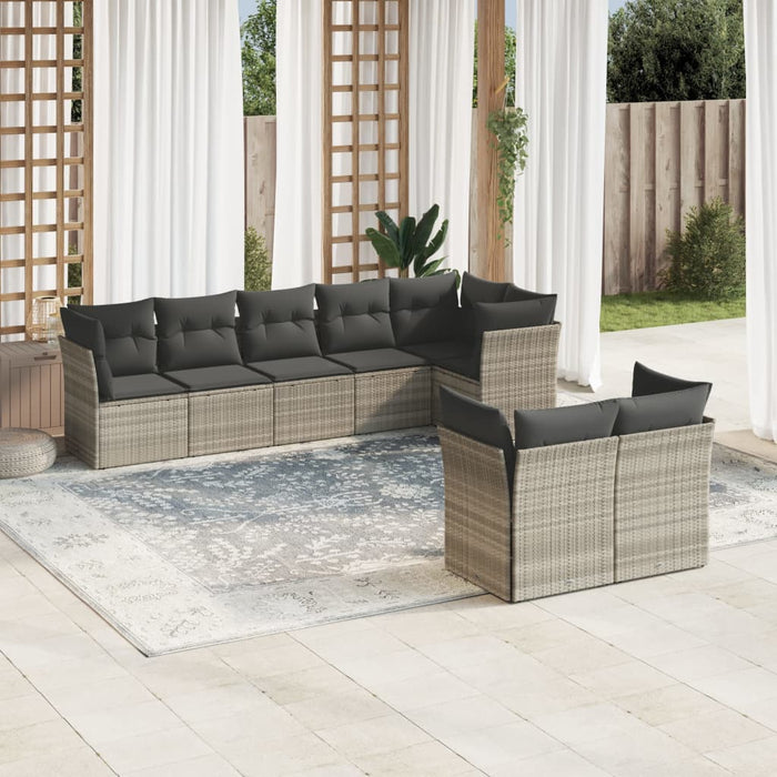 Set Divano da Giardino 8pz con Cuscini Grigio Chiaro Polyrattan