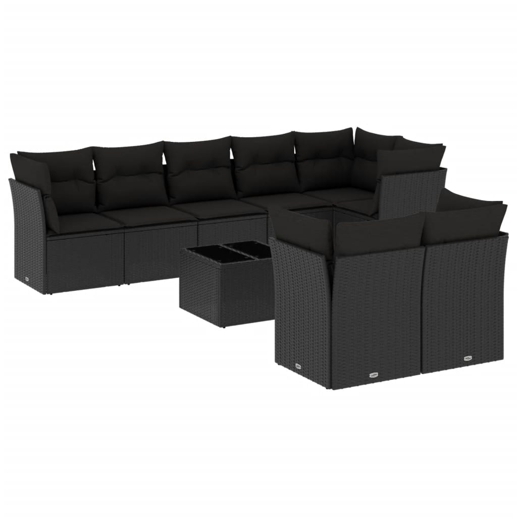 Set Divani da Giardino 9 pz con Cuscini Nero in Polyrattan
