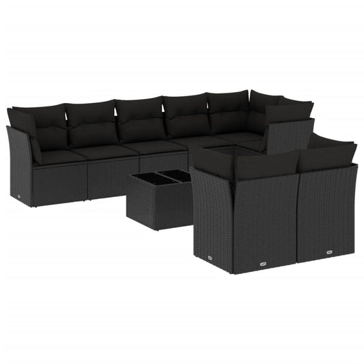 Set Divani da Giardino 9 pz con Cuscini Nero in Polyrattan