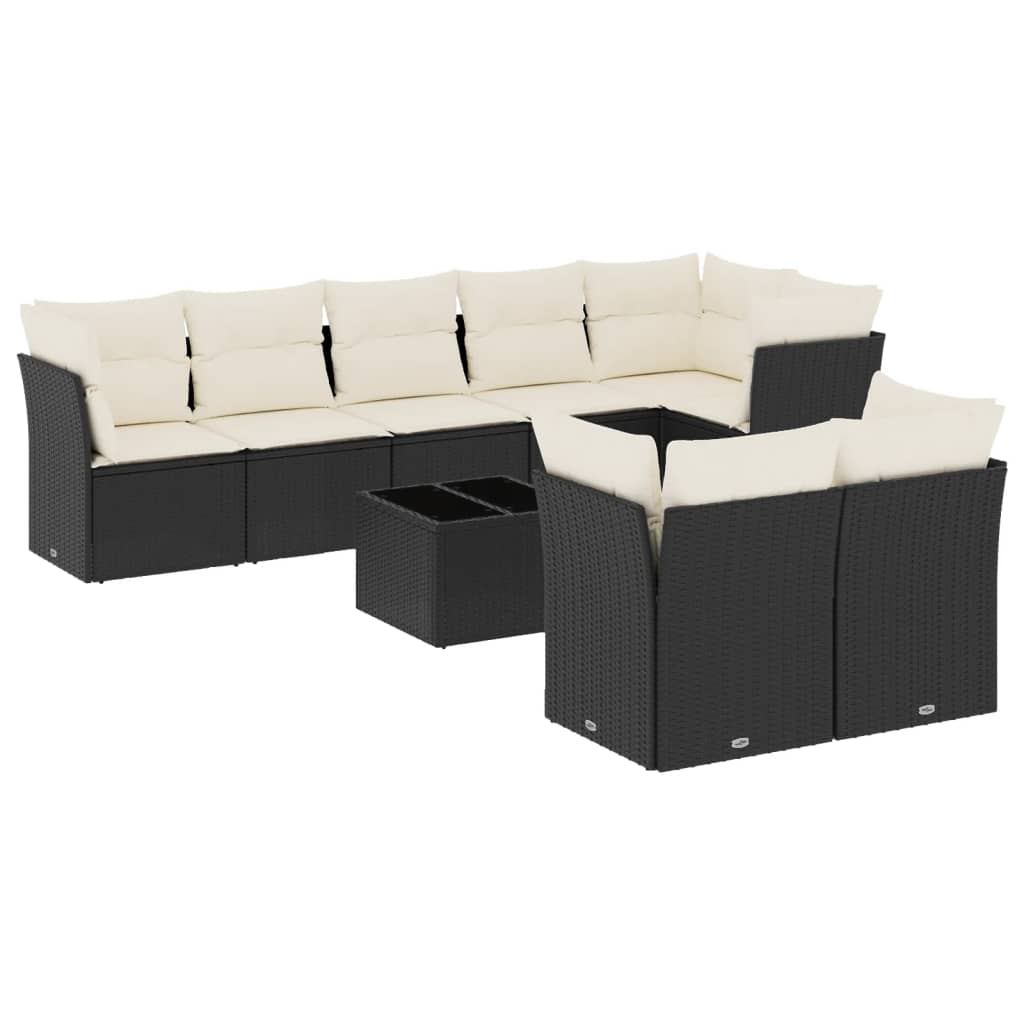Set Divani da Giardino 9 pz con Cuscini Nero in Polyrattan