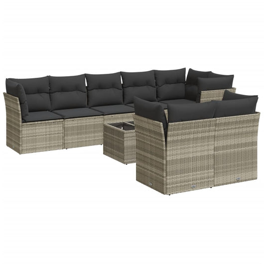 Set Divano da Giardino 9pz con Cuscini Grigio Chiaro Polyrattan