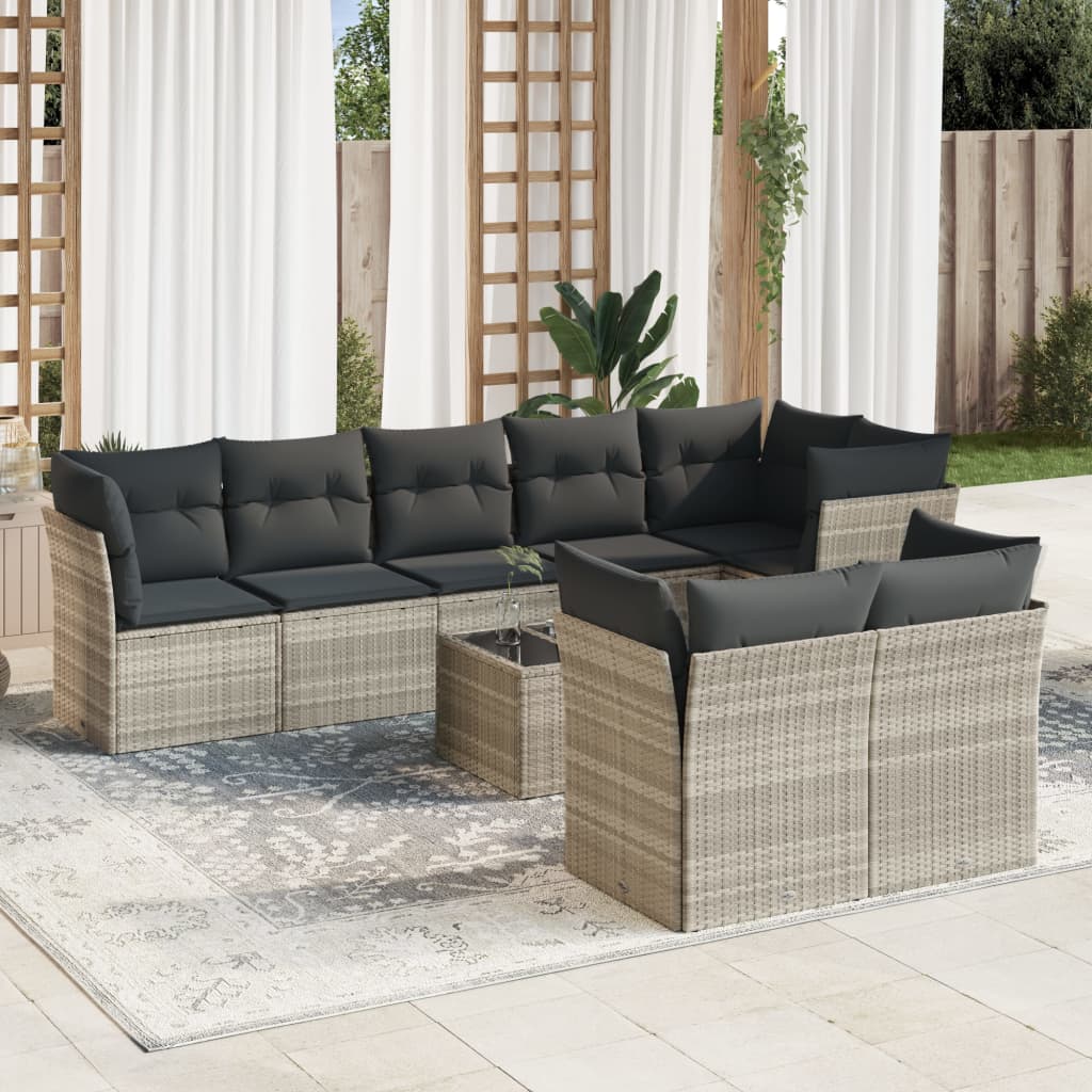 Set Divano da Giardino 9pz con Cuscini Grigio Chiaro Polyrattan