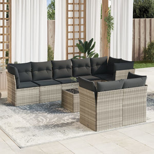 Set Divano da Giardino 9pz con Cuscini Grigio Chiaro Polyrattan