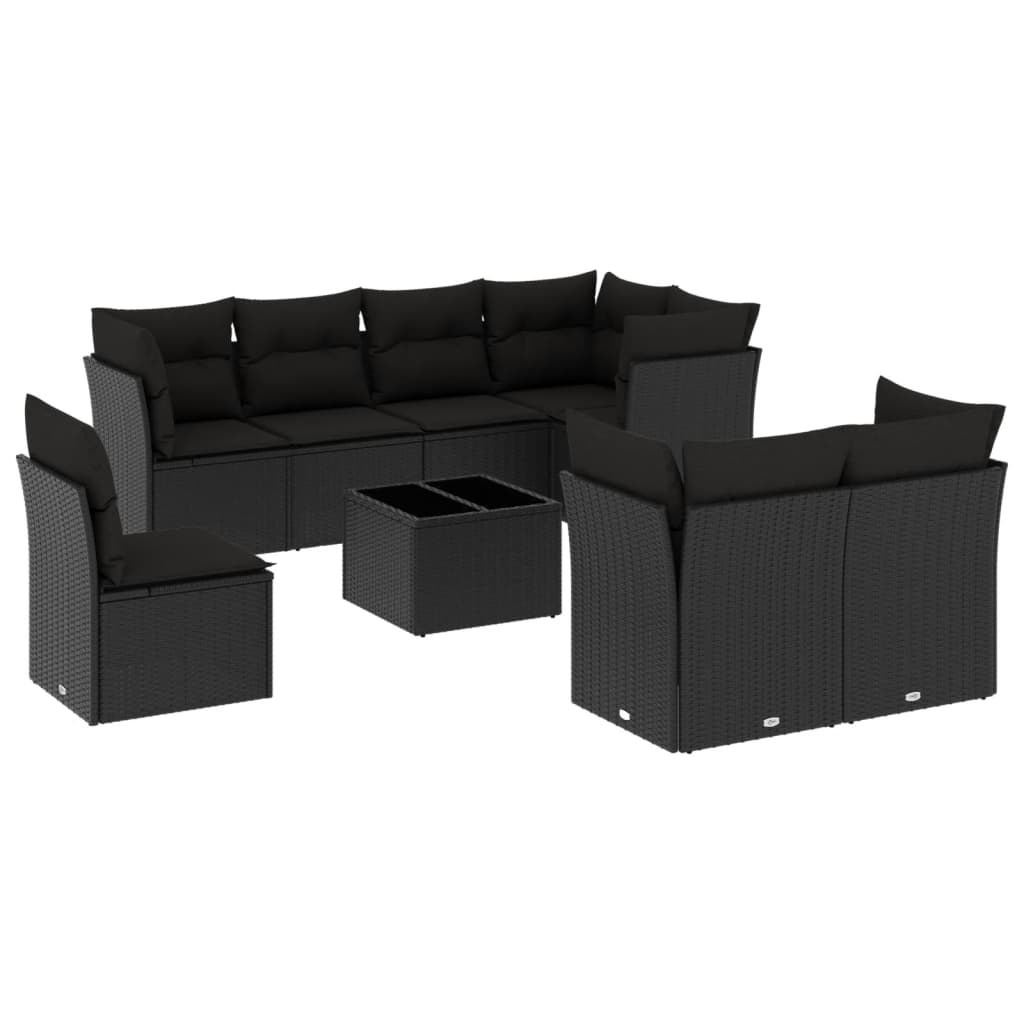 vidaXL Set Divani da Giardino 9 pz con Cuscini Nero in Polyrattan