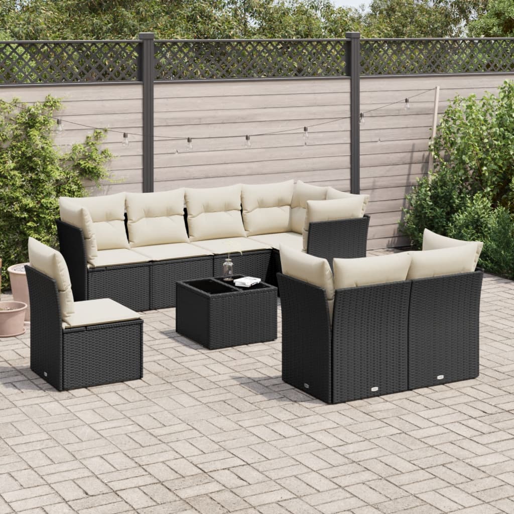 Set Divani da Giardino 9 pz con Cuscini Nero in Polyrattan