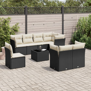 Set Divani da Giardino 9 pz con Cuscini Nero in Polyrattan