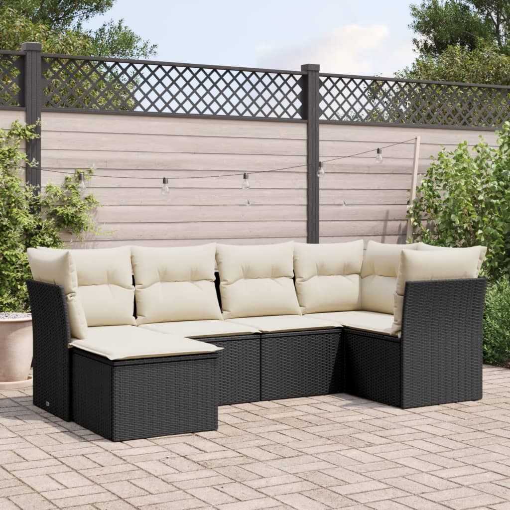 Set Divano da Giardino 6 pz con Cuscini-Sofa da Giardino-Divanetto da esterno Nero in Polyrattan 321121
