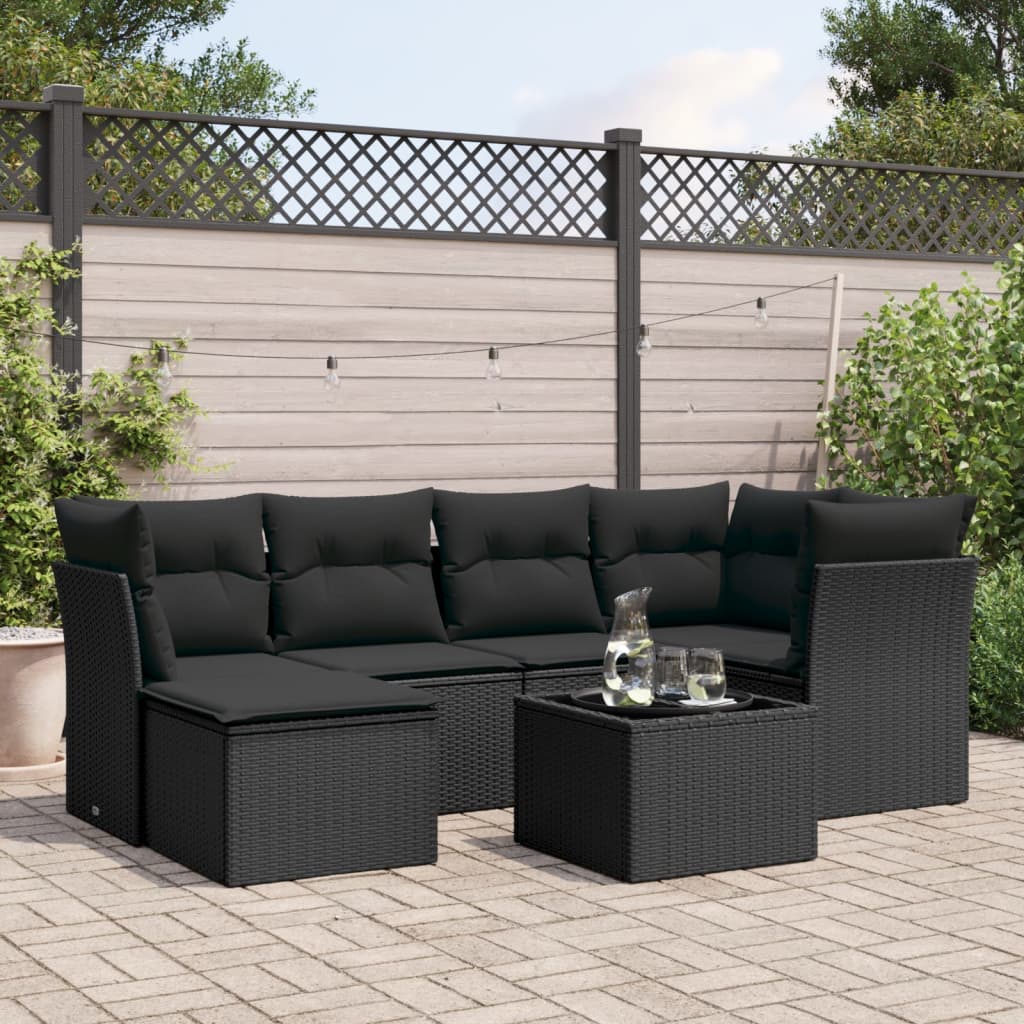 Set Divani da Giardino con Cuscini 7pz Nero Polyrattan