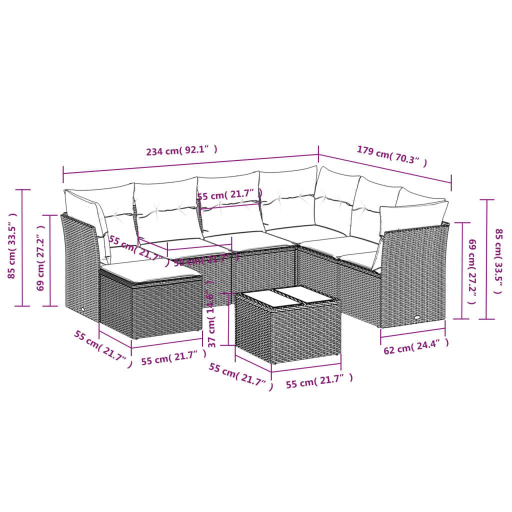 Set Divano da Giardino 8 pz con Cuscini Grigio in Polyrattan 3218000