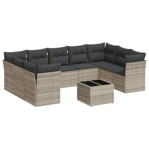 Set Divano Giardino 10 pz con Cuscini Grigio Chiaro Polyrattan