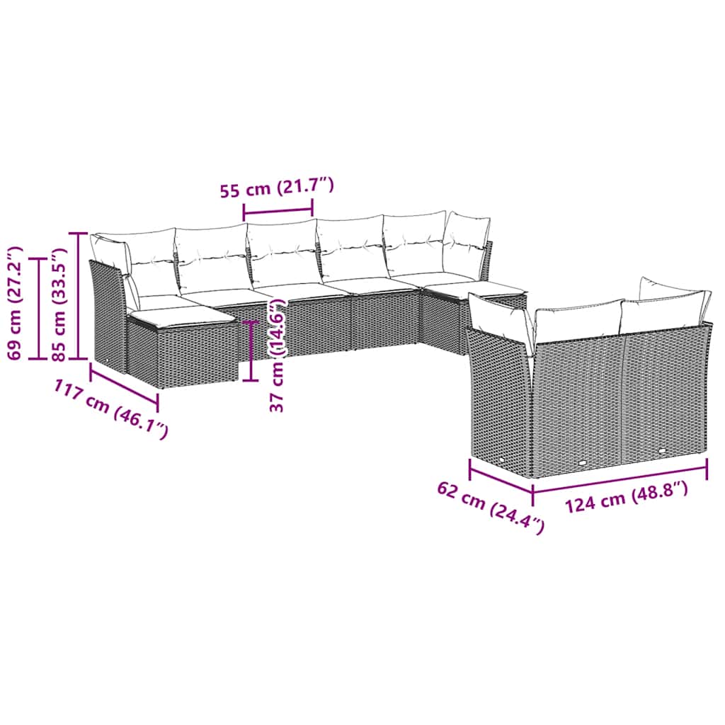 Set Divani da Giardino 9pz con Cuscini Marrone in Polyrattan 3218313