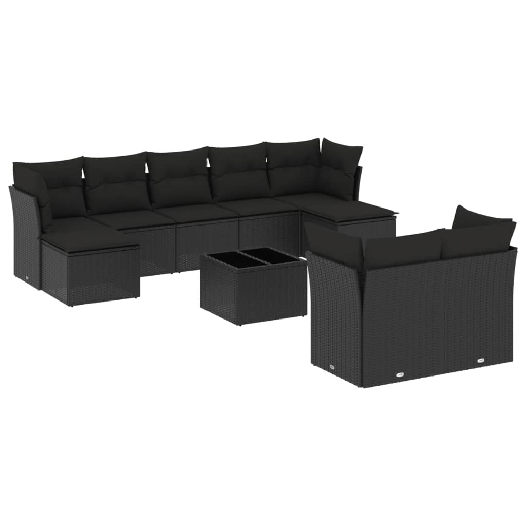 Set Divani da Giardino 10pz con Cuscini in Polyrattan Nero