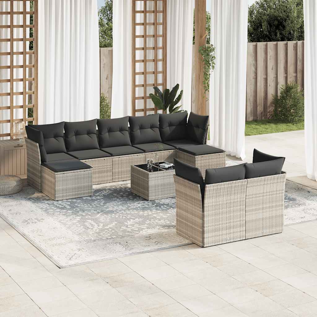 Set Divano Giardino 10 pz con Cuscini Grigio Chiaro Polyrattan