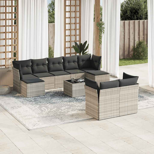 Set Divano Giardino 10 pz con Cuscini Grigio Chiaro Polyrattan