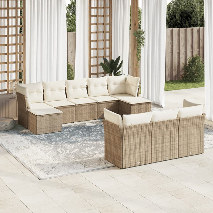 Set Divano da Giardino 10 pz con Cuscini Beige in Polyrattan
