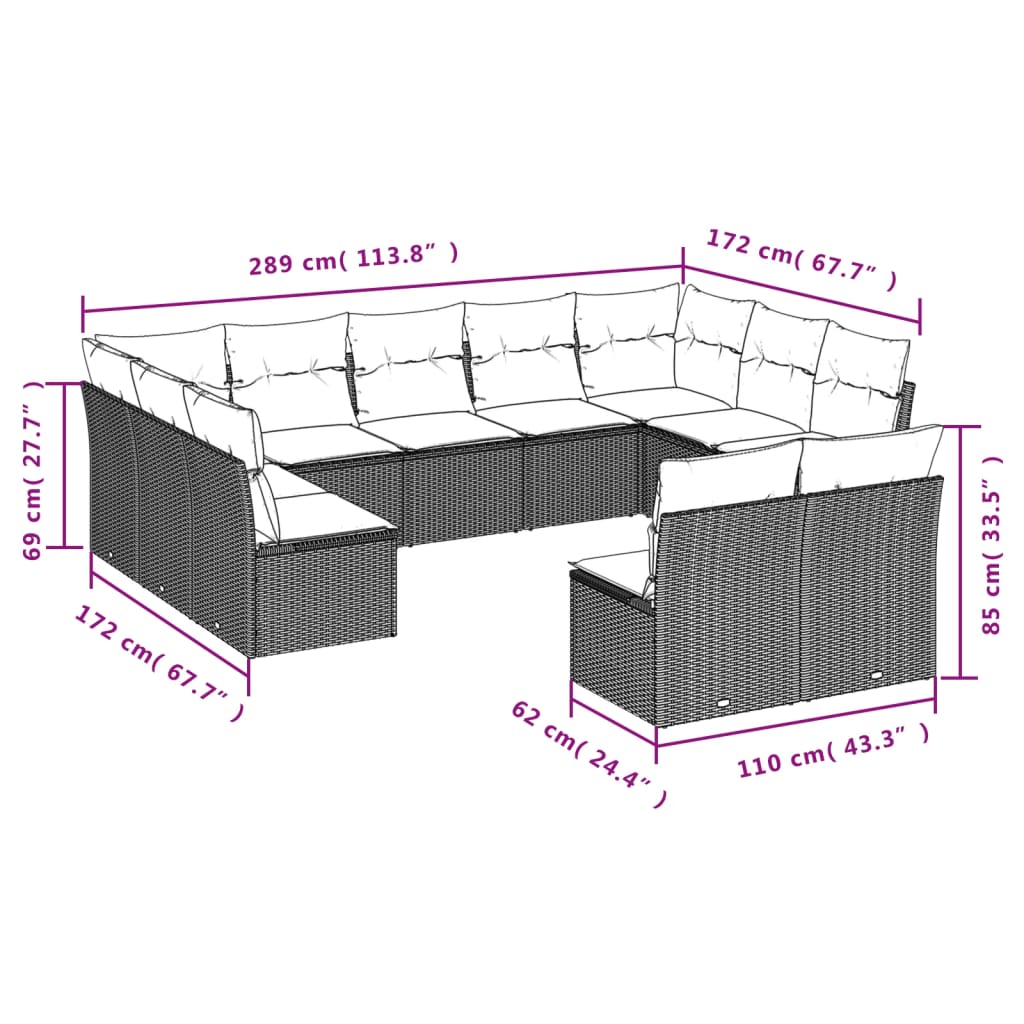 vidaXL Set Divani da Giardino 11 pz con Cuscini Beige in Polyrattan