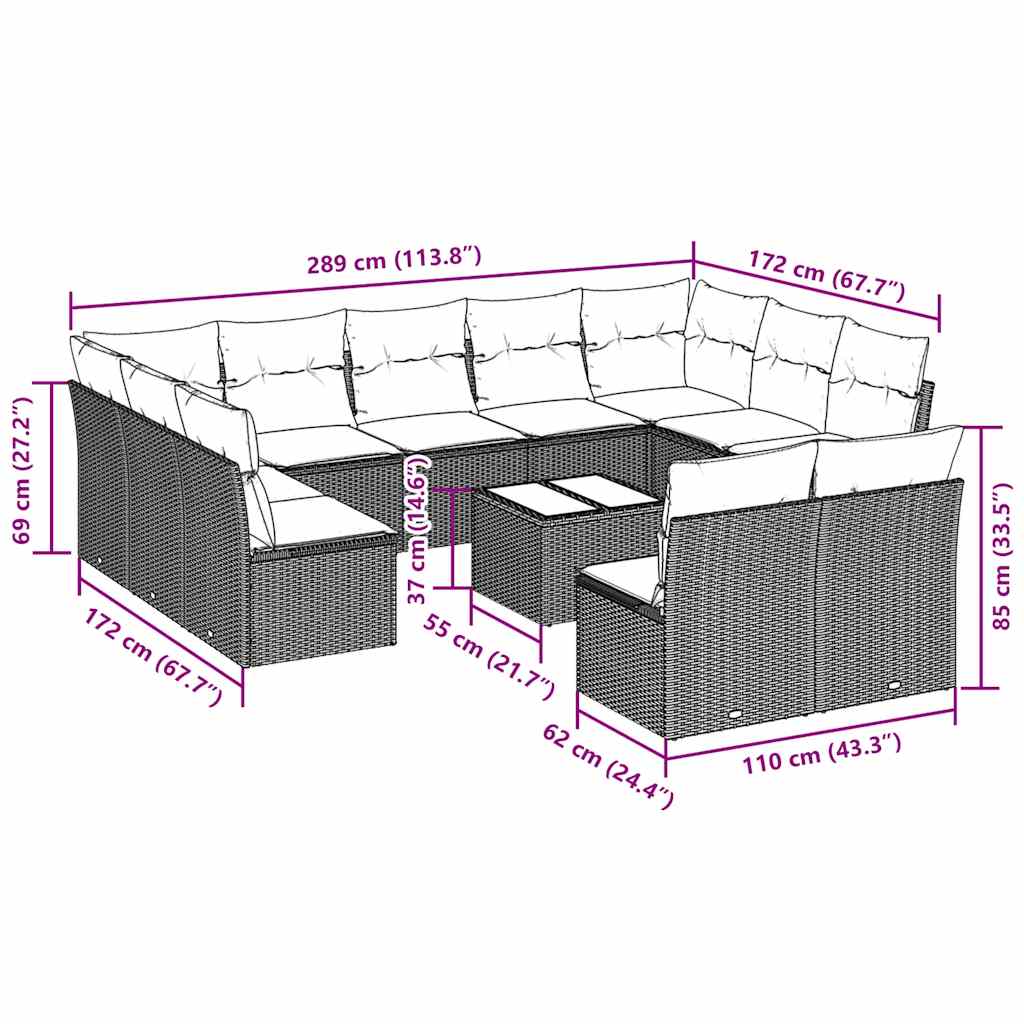 vidaXL Set Divano Giardino 12 pz con Cuscini Grigio Chiaro Polyrattan