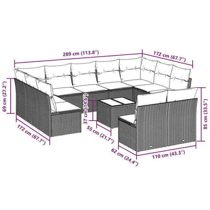 Set Divano Giardino 12 pz con Cuscini Grigio Chiaro Polyrattan 3218362