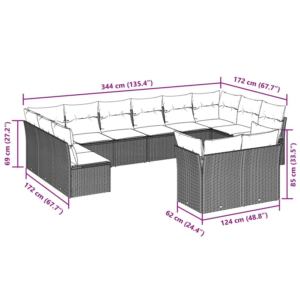 Set Divano Giardino 12 pz con Cuscini Grigio Chiaro Polyrattan