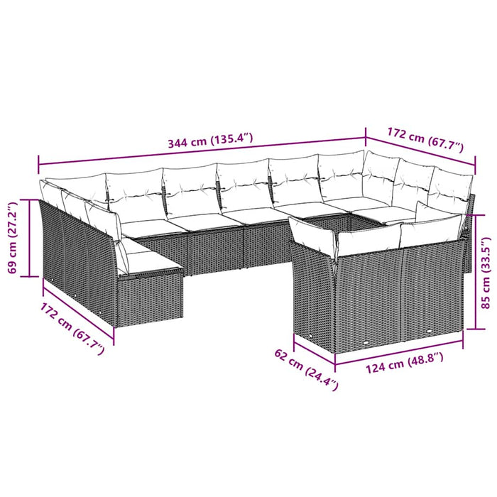 Set Divano Giardino 12 pz con Cuscini Grigio Chiaro Polyrattan
