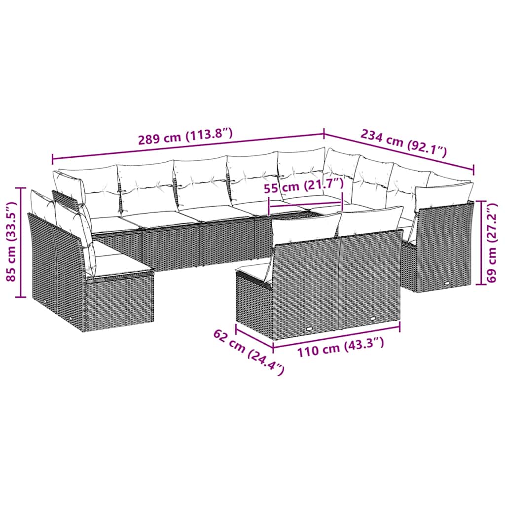 Set Divano Giardino 12 pz con Cuscini Grigio Chiaro Polyrattan