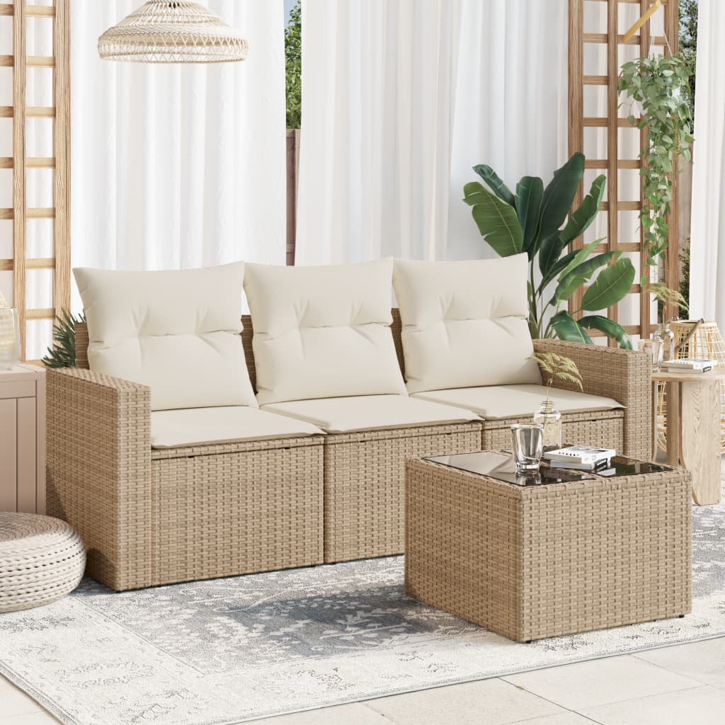 Set Divano da Giardino 4 pz con Cuscini-Sofa da Giardino-Divanetto da esterno Beige in Polyrattan 119111