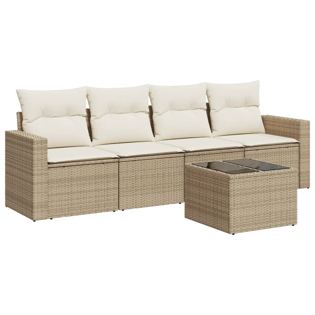 Set Divano da Giardino 5 pz con Cuscini-Sofa da Giardino-Divanetto da esterno Beige in Polyrattan 383163