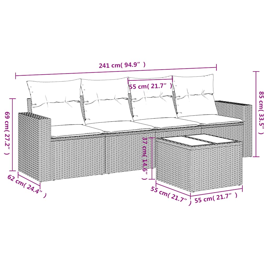 Set Divano da Giardino 5pz con Cuscini-Sofa da Giardino-Divanetto da esterno Grigio Chiaro Polyrattan 486424