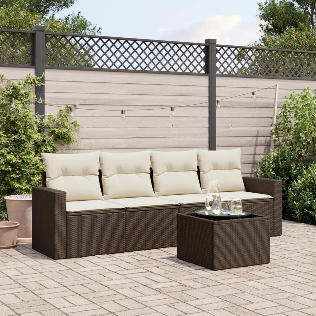 Set Divano da Giardino 5 pz con Cuscini-Sofa da Giardino-Divanetto da esterno Marrone in Polyrattan 696375