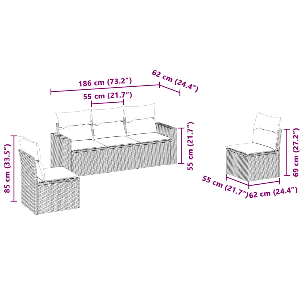 Set Divano da Giardino 5pz con Cuscini-Sofa da Giardino-Divanetto da esterno Grigio Chiaro Polyrattan 227158